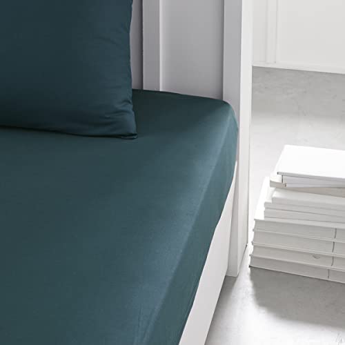 Today Essential - Drap Housse 140X190 cm 2 Personnes 100% Coton Uni, Paon