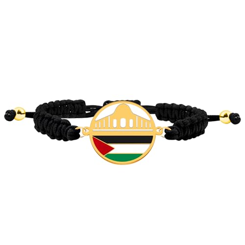 JunyiDIY Pulsera de Fe Bandera Palestina Mezquita Al-Aqsa Dorada, Cordón Negro, Regalo Islámico de Paz & Unidad para Hombres Mujeres