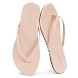 mazeskin Women's Memory Foam Comfortable Flat Thong Sandals Dressy Summer Beach Leather Slide Flip Flops,Beige US8