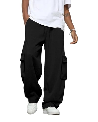 Pillxter Mens Baggy Sweatpants Heavyweight Fleece Cargo Pants Wide Leg Loose Fit Casual Joggers Sweat Pants for Men with Pockets Black