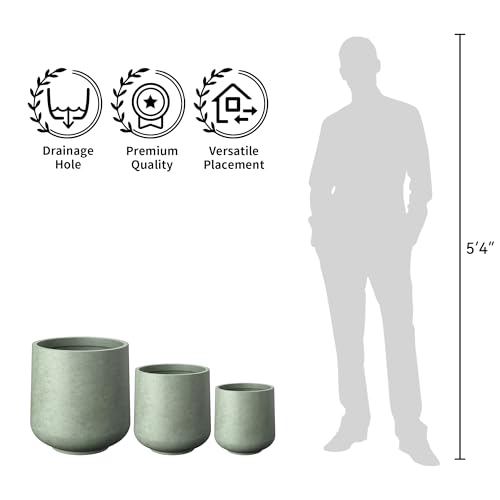 Image of Kante Set of 3 Mint Green Concrete Curved Planters 16.5 inch 13 inch 9.4 inch Dia | Drainage for Outdoor, Rubber Plug for Indoor Home, All-Weather Cement Pot, Handcraft, Lightweight & Durable, Anti-UV, Round