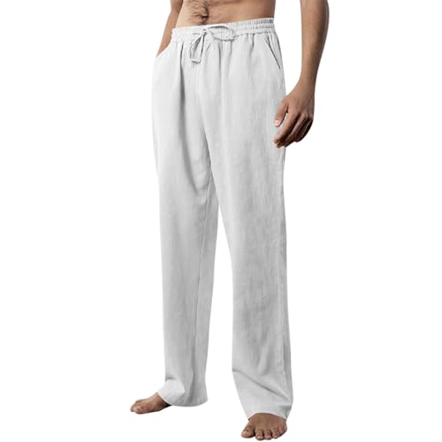 Mens Casual Pants Loose Fit Big and Tall Linen Pants with Pockets Summer Boho Wide Leg Elastic Waist Work Pants