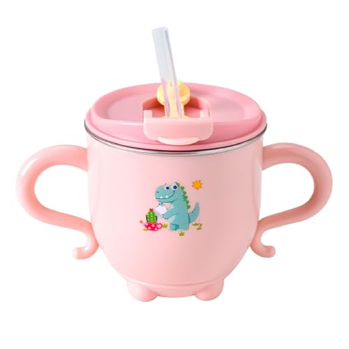 Image of FunBlast Milk Mug for Kids - Dinosaur Print S316 Stainless Steel Mug for Kids, Insulated Milk Cup with Lid & Straw, Water, Juice Drinking Mug, Glass, Cup for Kids - 200 ML (Pink)