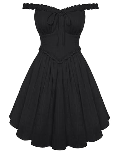 Image of SCARLET DARKNESS Womens Renaissance Dress Ruffle Sleeveless V-Neck Off Shoulder Summer Mini Corset Dress Black S
