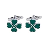 Enamel Four Leaf Pair Cufflink for Men Silver Plated Fashion Shamrock Clover Flower Tie Bar Clips Cuff Link Elegant Wedding St.Patrick's Day Party Dress Accessories Jewelry (Green)