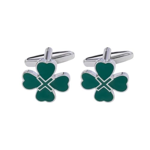 Enamel Four Leaf Pair Cufflink for Men Silver Plated Fashion Shamrock Clover Flower Tie Bar Clips Cuff Link Elegant Wedding St.Patrick's Day Party Dress Accessories Jewelry (Green)