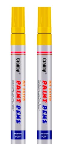 Yellow Paint Markers 2 Pack Oil-Based Waterproof Quick Dry Permanent Paint Pen Set for Rocks Painting Wood Fabric Plastic Canvas Glass Mugs Metal Tire Stone DIY Craft
