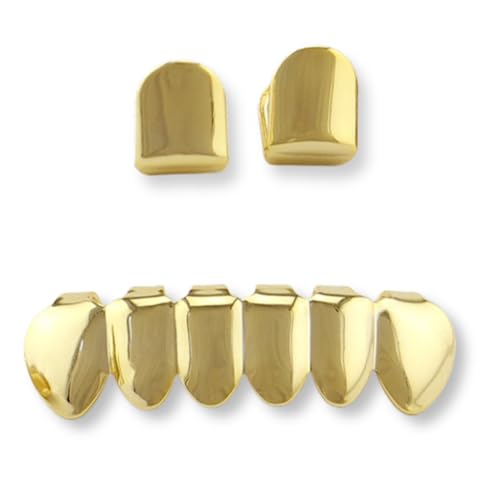 Careland Gold Grillz Hip Hop Gold Plated 2pcs Single Top and 6pcs Bottom Teeth Grillz for Men + 2 Extra Molding Bars