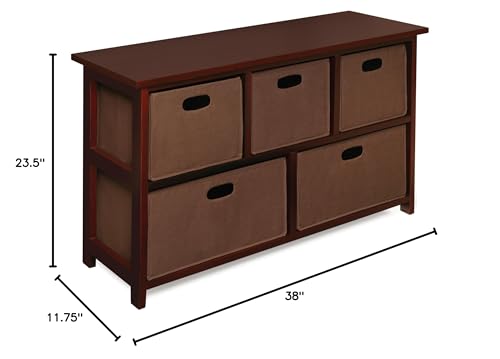 Five-Basket Storage Unit with Wicker Baskets and Washable Liners, Organizer for Toys, Clothes, and Household Items, Sturdy Wooden Frame - Fabric/Cherry Finish