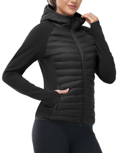 TBMPOY Black Running Jackets Women Winter Fall with Hood Warm Lightweight Insulated Water Resistant Puffer Jacket for Hiking Golf,M