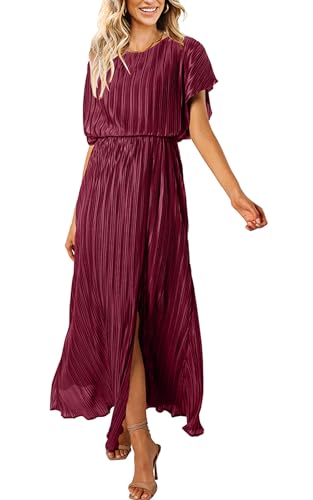 ECOWISH Women Maxi Dresses Cocktail Party Wedding Guest Formal Pleated Long Dress Short Sleeve Slit Empire Waist Evening Gown Wine Red Medium