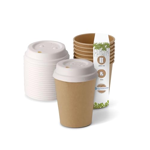 BIOZOYG 50 Stück Kompostierbare Bio Einweg Becher inkl. Pappdeckel I Einmalbecher Getränkebecher Wegwerfbecher Papierbecher I Coffee to go Pappbecher braun ungebleicht 200 ml 8 oz