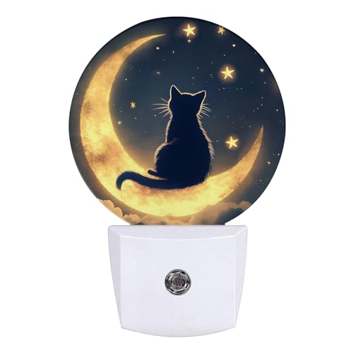 Image of Cat Moon Night Light Starry Sky Night Lights LED Lamp Round Plug into Wall Nightlight with Dusk to Dawn Sensor Home Hallway Stairway Kitchen Decor