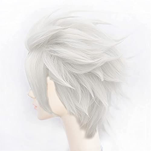 Anogol Hair Cap+Short Layered White With Slightly Grey Wig For Women Anime Cosplay Scientist Wig For Kid For Halloween Party Cosplay Peluca Blanca Para Adulto #TOP2