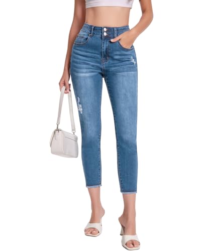 Women's High Waisted Jeans Casual Strechy Raw Hem Ripped Straight Leg Ankle Denim Pants