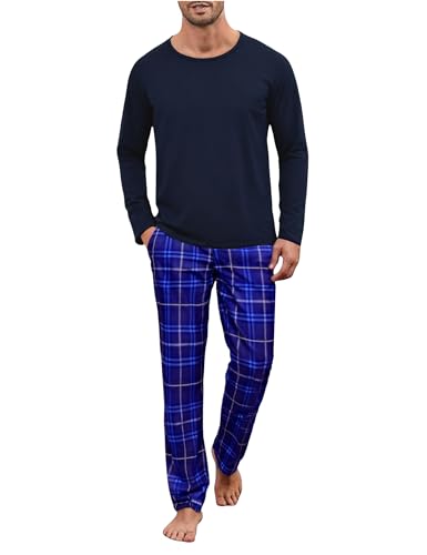 Uniexcosm Pijama de Hombre, Pijamas Hombre Algodon Pijama de Cuadros Manga Larga con Bolsillo Ropa de Casa Hombre de Cuello Redonde Pijama Conjunto Suave para Casual Hogar A:Azul Oscuro L