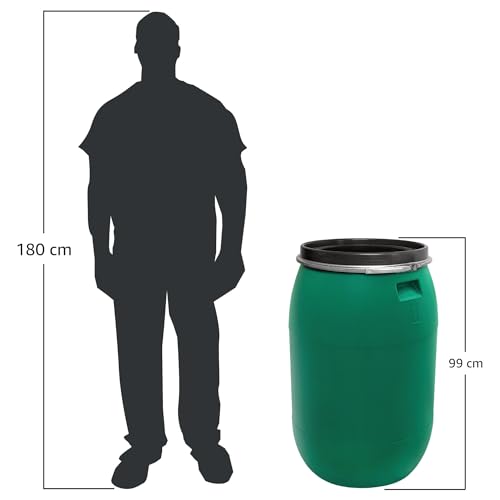 Das Plasteo® 220 Liter Weithalsfass mit Deckel und Spannring, HDPE, BPA-Frei, lebensmittelecht, vielseitig verwendbar als Lebensmittelfass, Futtertonne, Regentonne (Grün mit Spannring)