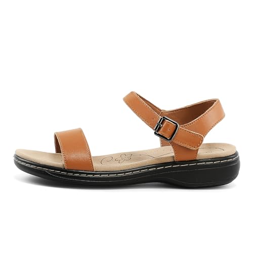 Image of Women's Classic Flat Sandals Leather Open Toes Memory Foam One Band Ankle Strap Adjustable Slip On Shoes
