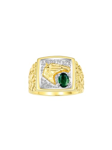 Image of Rylos Men's Yellow Gold-Plated Sterling Silver Lucky Nugget Horse Head Ring with 6X4MM Gemstone and Diamonds - Birthstone Elegance for Men, Sizes 8-13 Available
