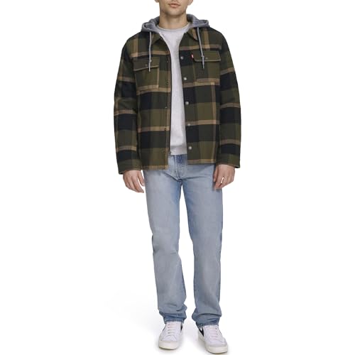 Image of Levi's mens Plaid Sherpa Lined Hooded Shirt Jacket (Regular & Big & Tall Sizes)