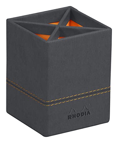 RHODIA 194525C, Titanium Pencil Pot, 8x8x11 cm, Orange Saddle Stitching, Faux Leather Exterior
