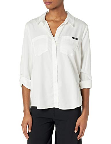 Calvin Klein Camisa abotonada con dobladillo dividido para mujer con mangas enrollables, Blanco, Large