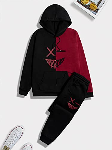Oyoangle Men's 2 Piece Tracksuit Outfits Cartoon Graphic Hoodie And Sweatpants Sport Set Black And Red L #TOP3