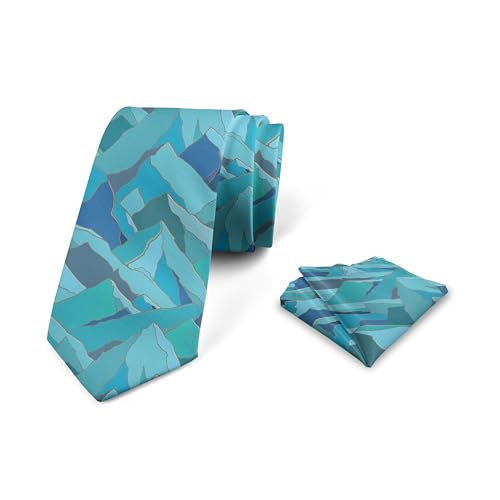 Ambesonne Landscape Men's Tie Set, Modern Illustration of Mountain Ranges in Blue and Green Tones Art Print, Necktie Set Groom Handkerchief for Parties Weddings & All Occasions, Multicolor