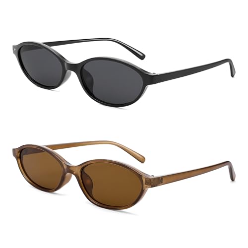 Bouryo Retro Oval Sunglasses for Women - Small Y2k Sunglasses Chic Cat Eye 90s Sunnies - Lightweight Narrow Trendy Shades