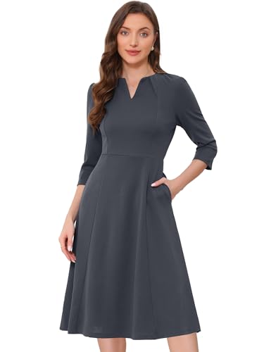 Image of Allegra K Womens 3 /4 Sleeve A-Line Business Work Formal Midi Dress | Elegant Dresses with Pockets, V Neck, Cockatail Party Church Funeral Outfits, Spring Fall Winter