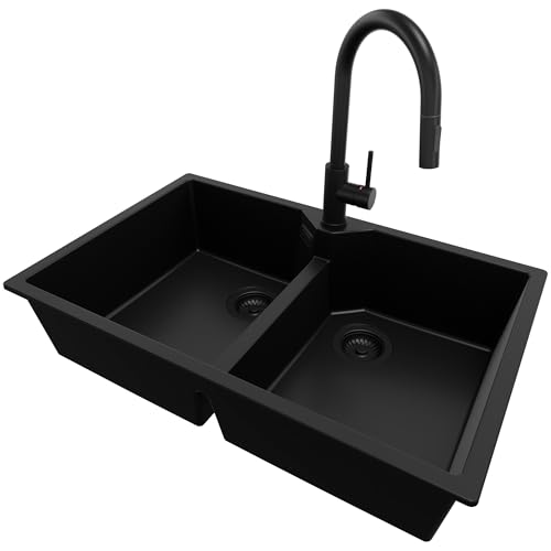 PRIMAGRAN Evier Cuisine en Granit Tout Noir 78x50cm, Lavabo 2 bacs + Robinet 40x20cm + Kit de Vidage, Évier à Encastrer au Meuble 80cm - Madrid Twin S016