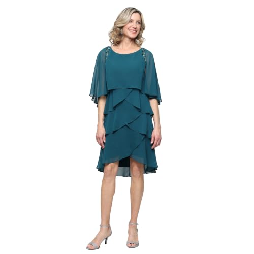 Image of S.L. Fashions Women's Tiered Chiffon Cocktail Party Dress with Attached Cape & Beaded Shoulders (Petite and Regular Sizes)