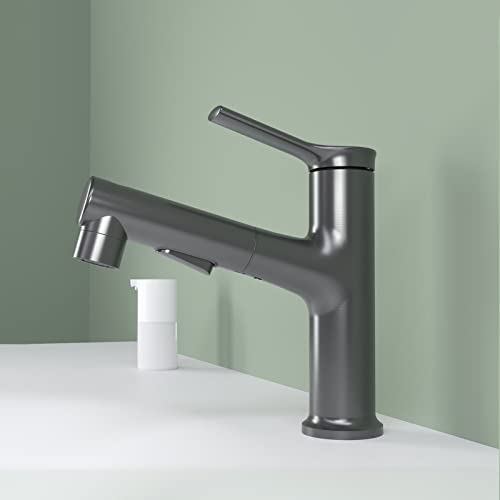 OWOHYG Grifos de baño con rociador extraíble, Grifo Mezclador para Lavabo, grifos Monomando para Lavabo con Agua fría y Caliente, Plateado (Gris)