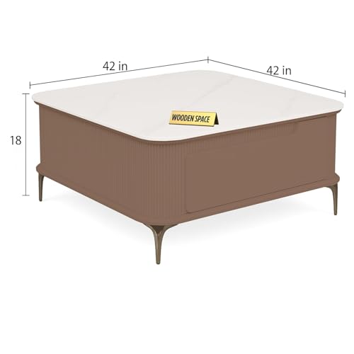 Image of WOODEN SPACE Premium Solo Marble-Top Wooden Center Table for Living Room | Iron Legs | PVD Coating | Modern Entryway Furniture | Coffee Table (Pink)