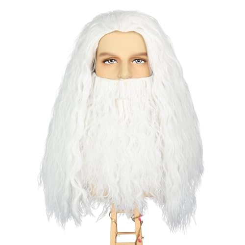 PORSMEER Long White Curly Wig and Beard Santa Beard Wig Set White King Costume Wigs for Men Halloween Christmas Party Sorcerer Prophet Costume Accessory - Image 2