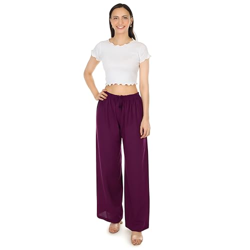 Image of Women's Rayon Palazzo Pants | Solid Color Wide Leg Trousers in 18 Shades | Elastic Waist Casual Bottoms XS-7XL | Comfortable