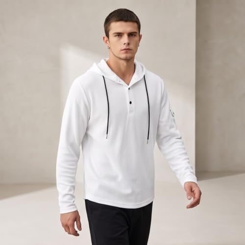 Mens Waffle Long Sleeve Shirt Hooded Hoodie Waffle Knit Hoodie Plain Tshirt - image 2