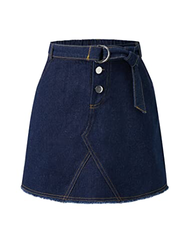 Kukume Little Girls' Mid Waist Button Front Denim Skirt A-Line Fringe Hem Skirt With Belt For 9-10 Years Deep Blue #TOP11