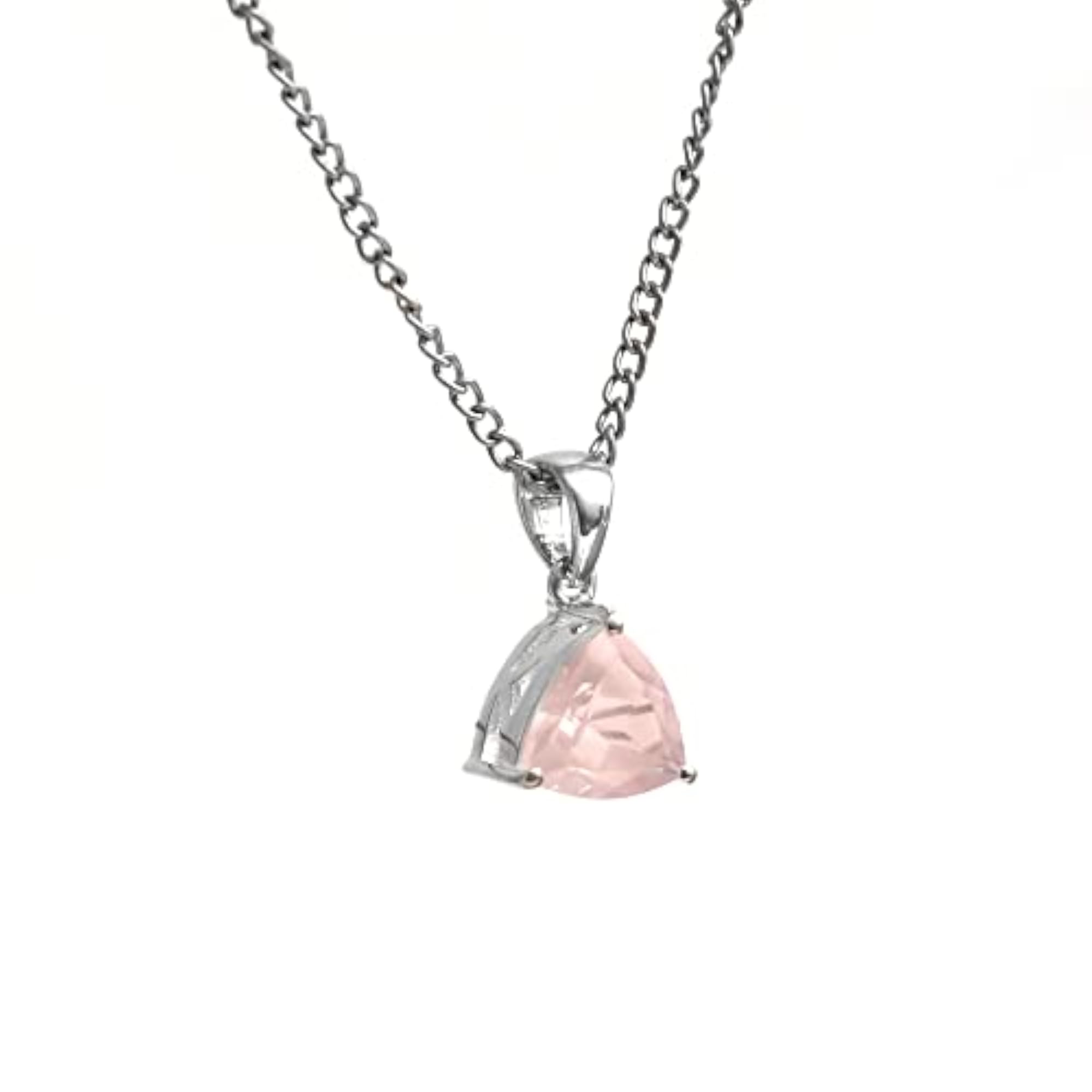 925 Sterling Silver Rose Quartz Triangle Pendant with Chain