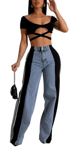 Women's Loose Denim Jeans with Patchwork Stripes High Waist Color Block Wide Leg Pants