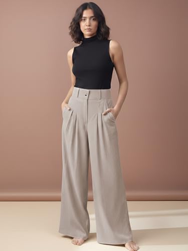 Image of GRECIILOOKS Trousers for Women High Waist | Wide Leg Trousers | Office Wear Pleated Korean Pants for Women's | Elegant Formal Pants