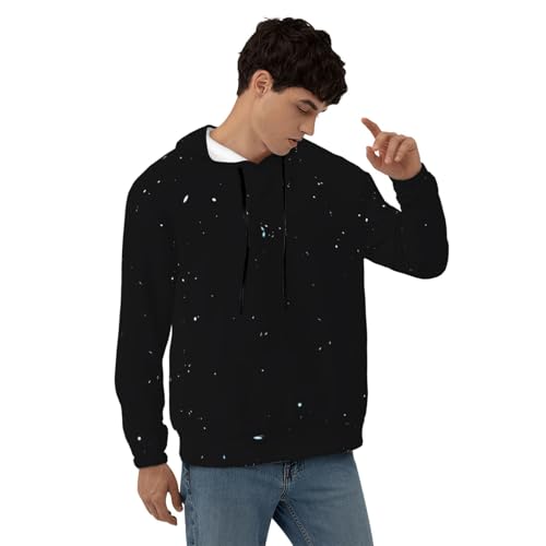 Men's Fleece Pullover Hoodies, Black White Dot Printed Casual Drawstring Hooded Sweatshirts4