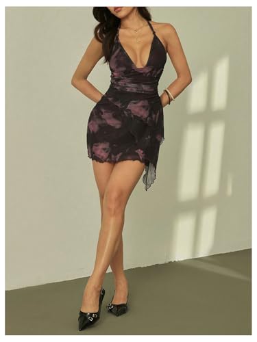 Image of SHENHE Women's Tie Dye Mesh Halter Mini Dress Sexy Sleeveless Ruched Deep V Neck Date Night Dresses