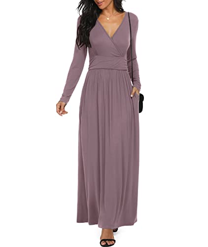 Image of LILBETTER Women Long Sleeve Deep V Neck Loose Plain Long Maxi Casual Dress