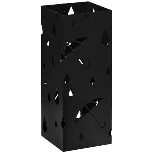 HOMCOM Soporte para paraguas con bandeja de recogida de agua, 4 ganchos, paragüero para paraguas y bastones, pasillo, acero negro, 15,5 x 15,5 x 40 cm