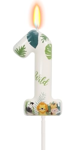 FAMGift Wild Animal Number 1 Candle for Boys Girls, Wild One Cake Topper, First Birthday Decorations for Boy Girl, Jungle Safari Theme Party Supplies