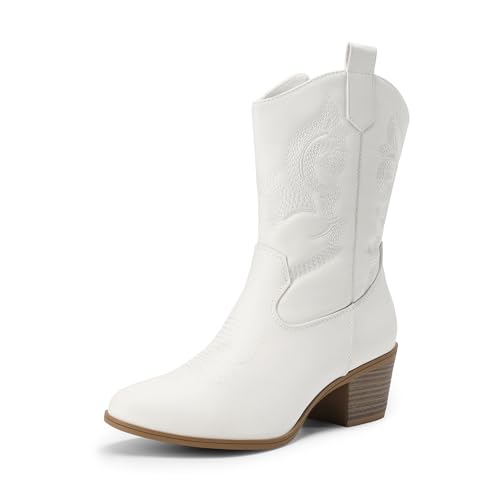 Image of DREAM PAIRS Mid Calf Cowboy Cowgirl Boots for Women | Round Toe Western Boots, Chunky Low Heel, Embroidery Boot, Country Music Festivals Theme Party
