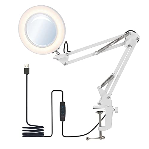 Lámpara de Aumento 8X, LED Lámparas de Escritorio Lupa con Abrazadera Ajustable, Brazo Giratorio, Alimentación USB, Luces Regulables en Modo de 3 Colores, para Lectura, Manualidades y Soldadura