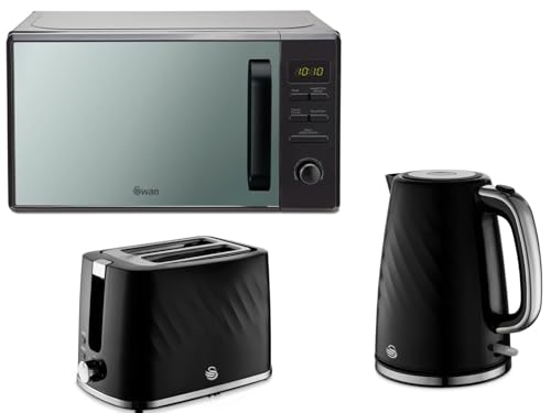 Swan Windsor Black 1.7L 3KW Textured Kettle 2 Slice Toaster and 800W 20L Digital Microwave SM4421BLK. Contemporary Matching Kitchen Set with a Premium Sleek Black Finish