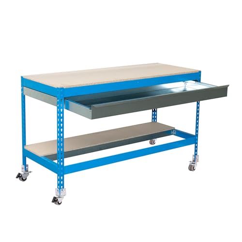 Simon Rack Mesa de Trabajo Taller, Capacidad Carga 120 kg, 917x910x610 mm, Incluye Ruedas, 1 Cajón, Azul/Madera - BT0